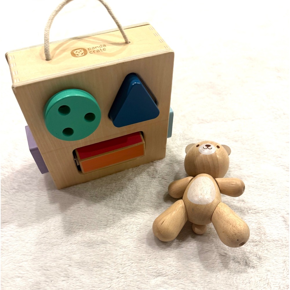 KiwiCo Panda Crate Wooden Shape Sorter Box and Plan Toys Articulated Bear Set
